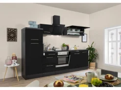 Respekta Premium Küchenzeile 280 cm Schwarz Hochglanz-Eiche Grau