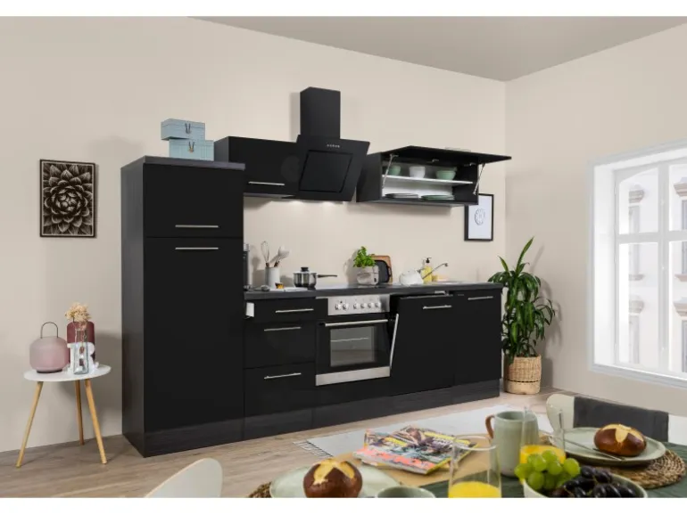 Respekta Premium Küchenzeile 280 cm Schwarz Hochglanz-Eiche Grau