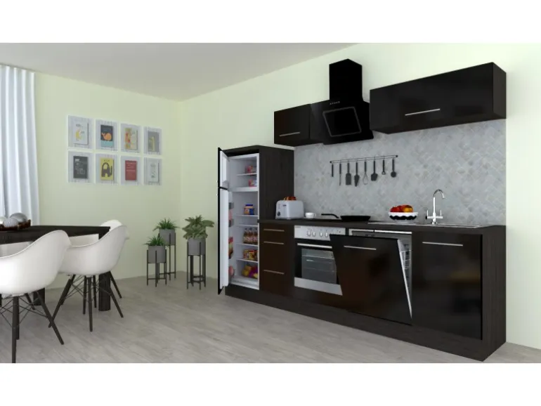 Respekta Premium Küchenzeile 280 cm Schwarz Hochglanz-Eiche Grau