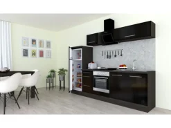 Respekta Premium Küchenzeile 270 cm Schwarz Hochglanz-Eiche Grau