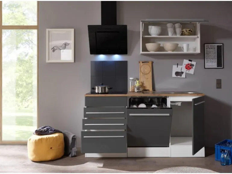 Respekta Premium Küchenzeile BERP290HWGC 290 cm Grau Hochglanz-Weiß