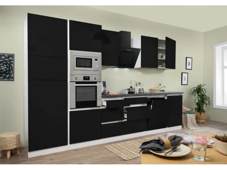 Respekta Premium Küchenzeile Grifflos 345 cm Schwarz Hochglanz-Weiß