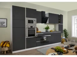 Respekta Premium Küchenzeile Grifflos 385 cm Grau Hochglanz-Weiß