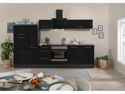 Respekta Premium Küchenzeile 300 cm Schwarz Hochglanz-Eiche Grau