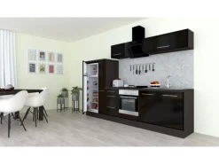 Respekta Premium Küchenzeile 300 cm Schwarz Hochglanz-Eiche Grau