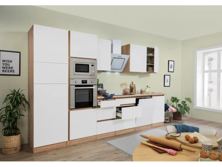 Respekta Premium Küchenzeile Grifflos 345 cm Weiß Matt-Eiche Sägerau