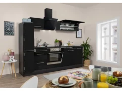 Respekta Premium Küchenzeile 250 cm Schwarz Hochglanz-Eiche Grau