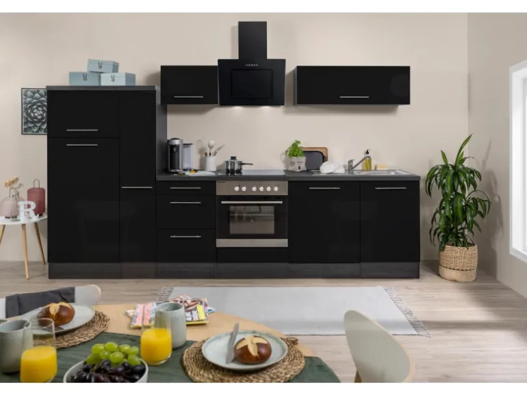 Respekta Premium Küchenzeile 310 cm Schwarz Hochglanz-Eiche Grau
