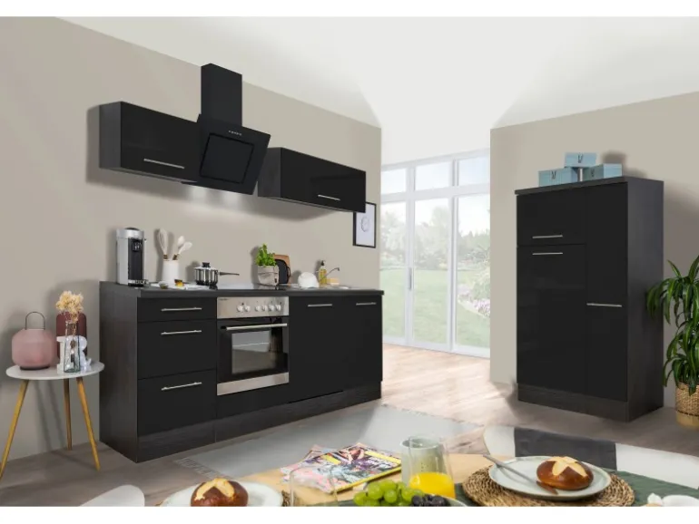 Respekta Premium Küchenzeile 310 cm Schwarz Hochglanz-Eiche Grau
