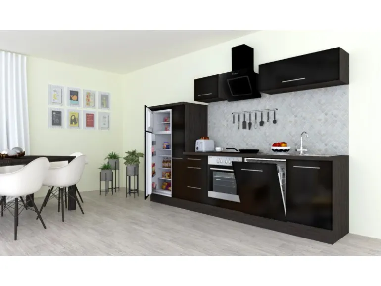 Respekta Premium Küchenzeile 310 cm Schwarz Hochglanz-Eiche Grau