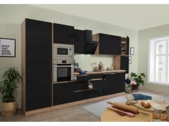 Respekta Premium Küchenzeile Grifflos 395 cm Schwarz Hochglanz-Eiche Sägerau
