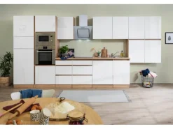 Respekta Premium Küchenzeile Grifflos 445 cm Weiß Hochglanz-Eiche Sägerau