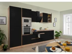 Respekta Premium Küchenzeile Grifflos 335 cm Schwarz Hochglanz-Eiche Sägerau