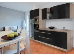 Respekta Premium Küchenzeile Grifflos 335 cm Schwarz Hochglanz-Eiche Sägerau