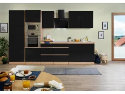 Respekta Premium Küchenzeile Grifflos 335 cm Schwarz Hochglanz-Eiche Sägerau
