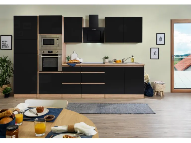 Respekta Premium Küchenzeile Grifflos 335 cm Schwarz Hochglanz-Eiche Sägerau