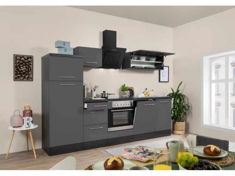 Respekta Premium Küchenzeile 280 cm Grau Hochglanz-Eiche Grau