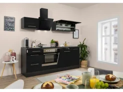 Respekta Premium Küchenzeile 220 cm Schwarz Hochglanz-Eiche Grau