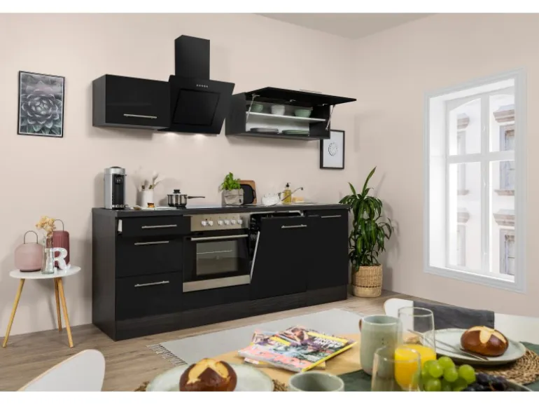 Respekta Premium Küchenzeile 220 cm Schwarz Hochglanz-Eiche Grau