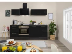 Respekta Premium Küchenzeile 220 cm Schwarz Hochglanz-Eiche Grau