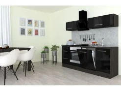 Respekta Premium Küchenzeile 220 cm Schwarz Hochglanz-Eiche Grau
