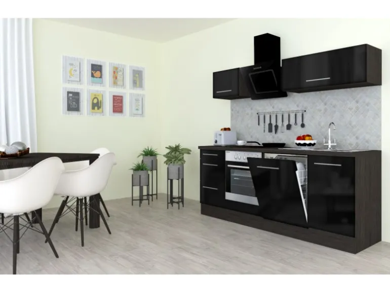 Respekta Premium Küchenzeile 220 cm Schwarz Hochglanz-Eiche Grau