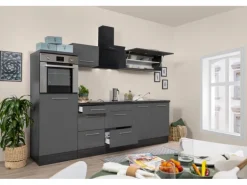 Respekta Premium Küchenzeile 270 cm Hochbau Grau Hochglanz-Eiche Grau