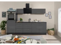 Respekta Premium Küchenzeile 270 cm Hochbau Grau Hochglanz-Eiche Grau