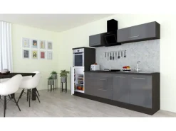 Respekta Premium Küchenzeile 270 cm Hochbau Grau Hochglanz-Eiche Grau