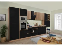 Respekta Premium Küchenzeile GLRP445HESSGKEOES Grifflos 445 cm Schwarz Eiche NB