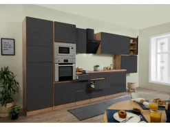 Respekta Premium Küchenzeile Grifflos 435 cm Grau Hochglanz-Eiche Sägerau