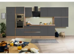 Respekta Premium Küchenzeile Grifflos 435 cm Grau Hochglanz-Eiche Sägerau