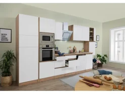 Respekta Premium Küchenzeile Grifflos 395 cm Weiß Matt-Eiche Sägerau