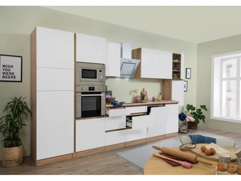 Respekta Premium Küchenzeile Grifflos 395 cm Weiß Matt-Eiche Sägerau