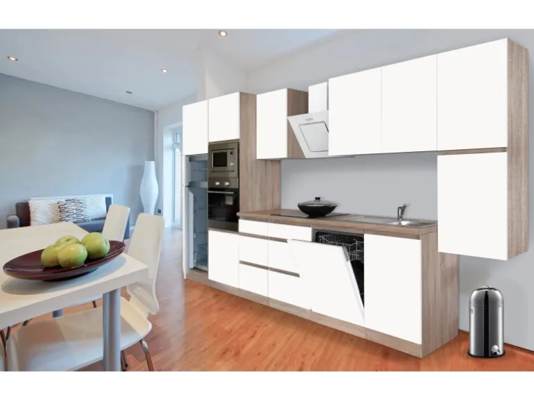 Respekta Premium Küchenzeile Grifflos 395 cm Weiß Matt-Eiche Sägerau