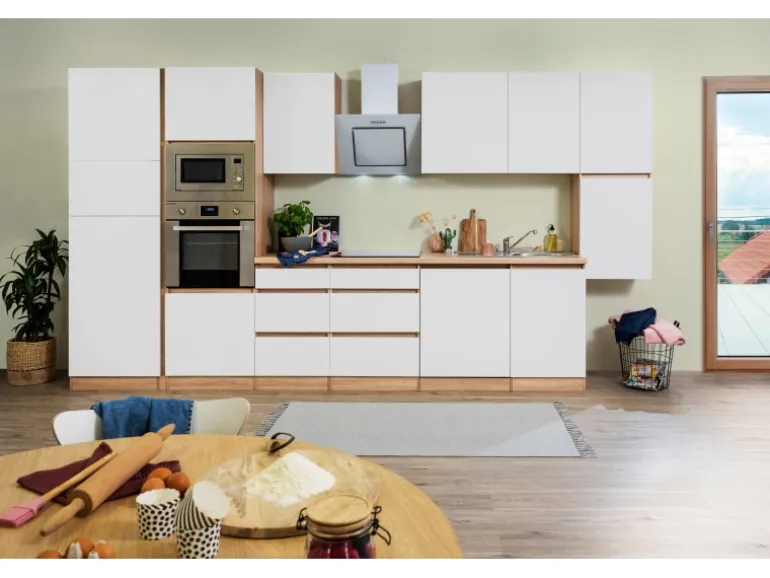 Respekta Premium Küchenzeile Grifflos 395 cm Weiß Matt-Eiche Sägerau