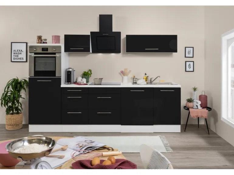 Respekta Premium Küchenzeile 280 cm Hochbau Schwarz Hochglanz-Weiß