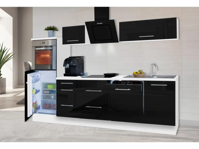 Respekta Premium Küchenzeile 280 cm Hochbau Schwarz Hochglanz-Weiß