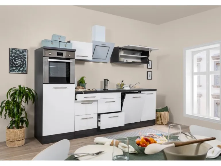 Respekta Premium Küchenzeile 280 cm Hochbau Weiß Hochglanz-Eiche Grau