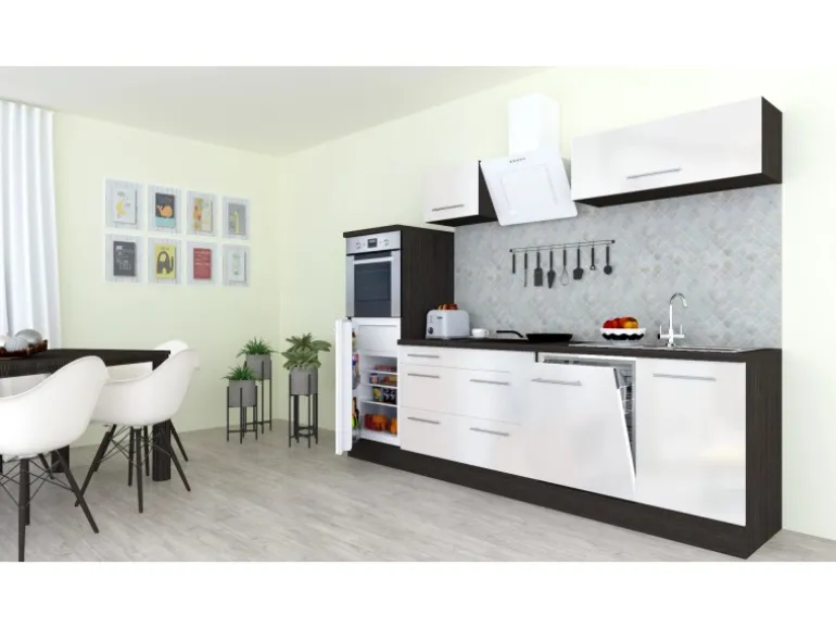 Respekta Premium Küchenzeile 280 cm Hochbau Weiß Hochglanz-Eiche Grau