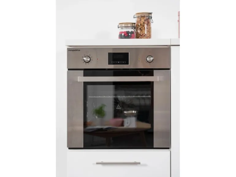 Respekta Premium Küchenzeile 280 cm Hochbau Weiß Hochglanz-Eiche Grau