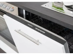 Respekta Premium Küchenzeile 280 cm Hochbau Weiß Hochglanz-Eiche Grau