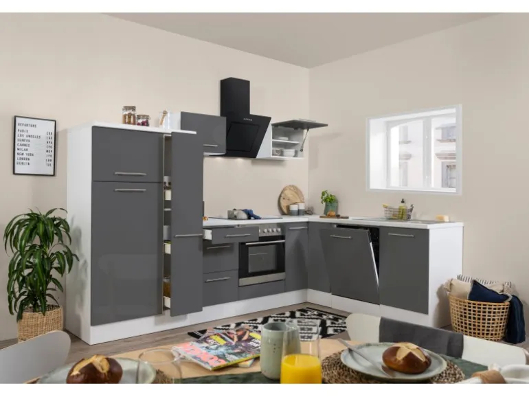 Respekta Premium Winkelküche RP290WGC 290 x 200 cm Grau Hochglanz-Weiß