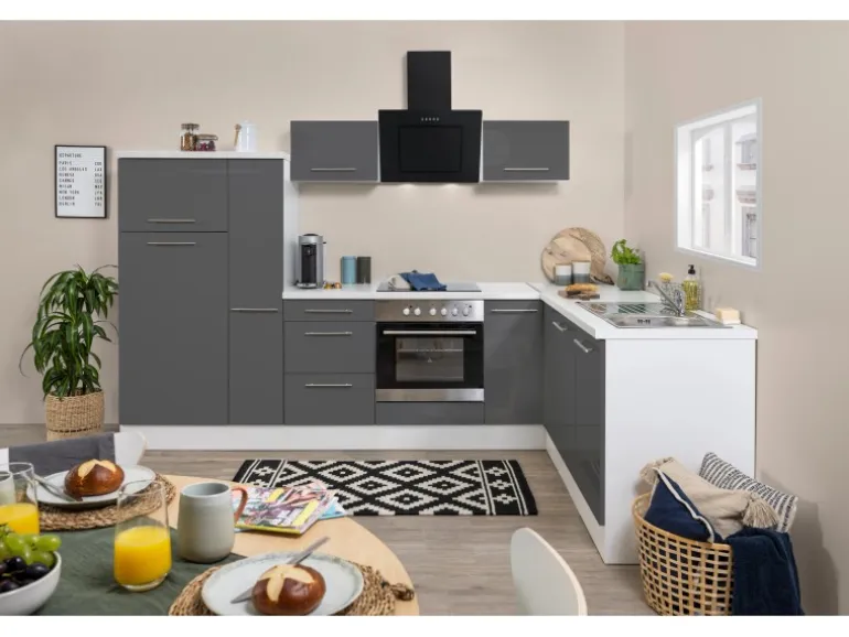 Respekta Premium Winkelküche RP290WGC 290 x 200 cm Grau Hochglanz-Weiß