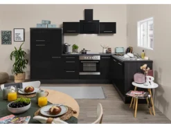 Respekta Premium Winkelküche RP290ESC 290 x 200 cm Schwarz Hochglanz-Eiche Grau
