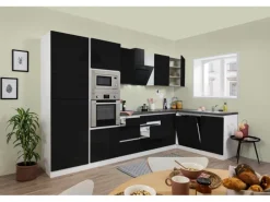 Respekta Premium Winkelküche Grifflos 345 cm Schwarz Hochglanz-Weiß