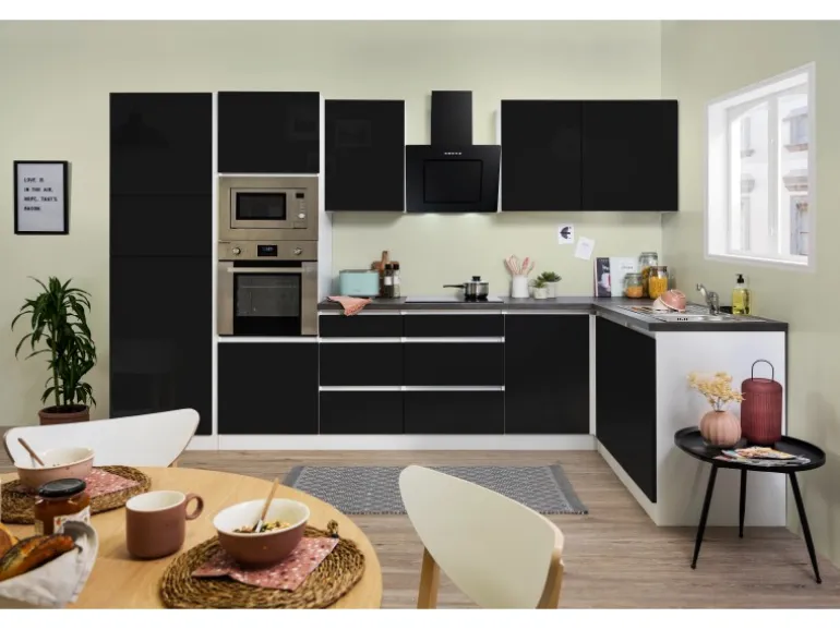 Respekta Premium Winkelküche Grifflos 345 cm Schwarz Hochglanz-Weiß