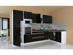 Respekta Premium Winkelküche Grifflos 345 cm Schwarz Hochglanz-Weiß
