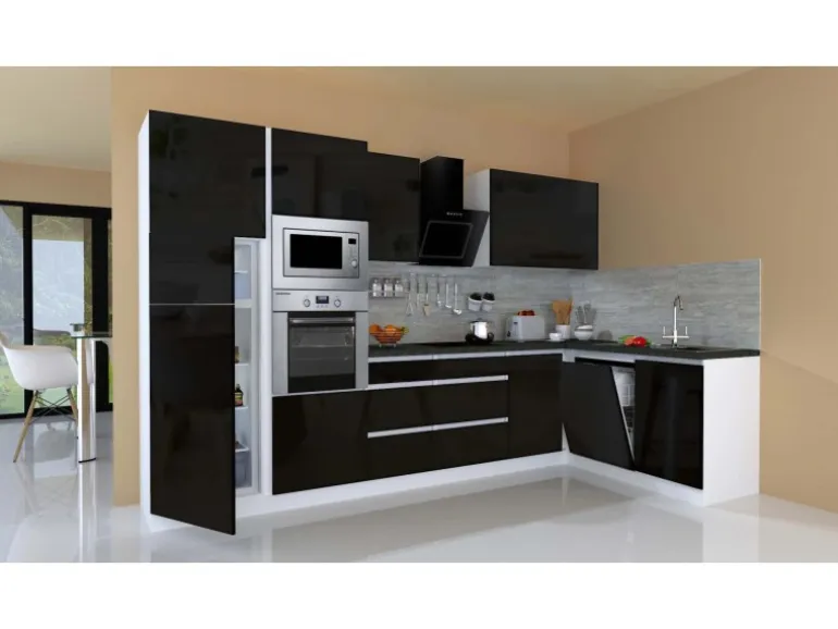 Respekta Premium Winkelküche Grifflos 345 cm Schwarz Hochglanz-Weiß