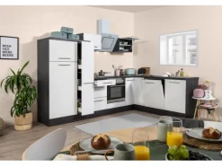Respekta Premium Winkelküche RP290EWC 290 x 200 cm Weiß Hochglanz-Eiche Grau